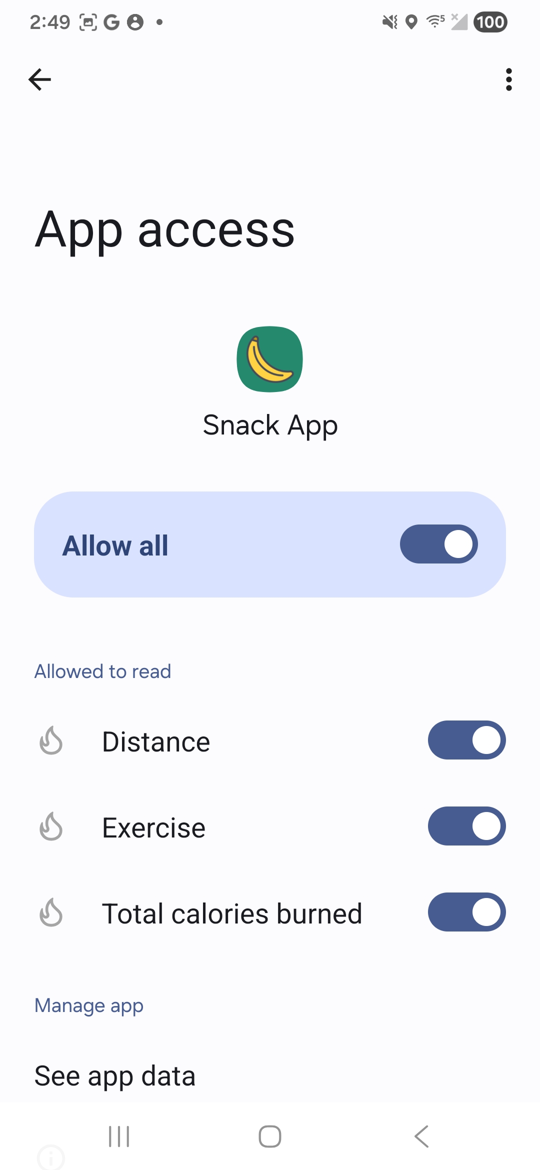 Health Connect's permission screen for Snack App