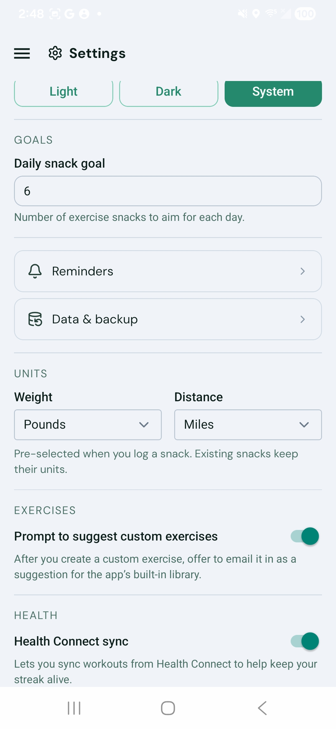 The app's Settings screen with the Health Connect sync toggle