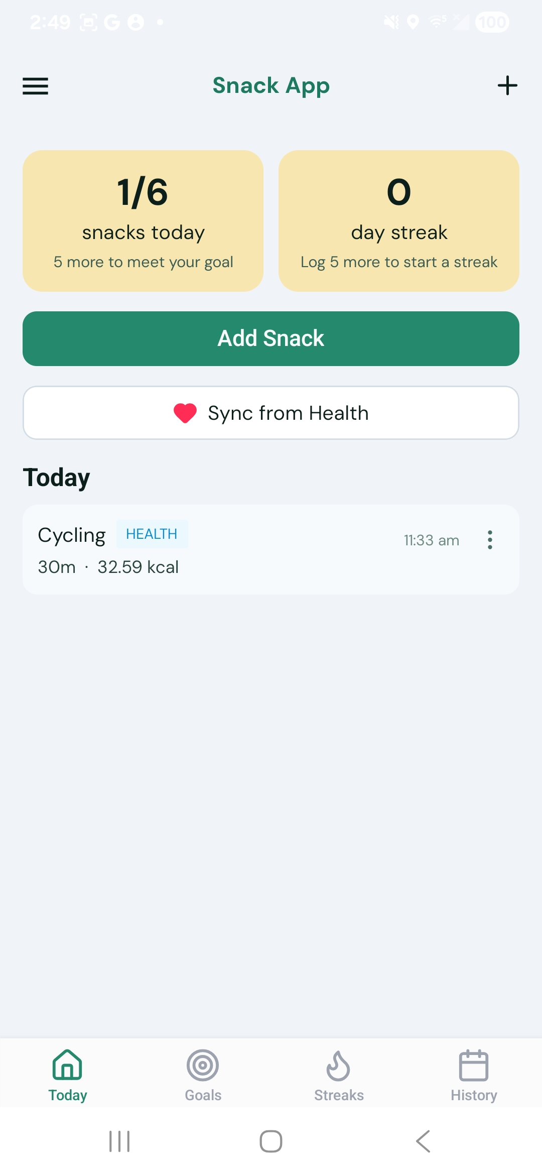 The Home screen with the Sync from Health button