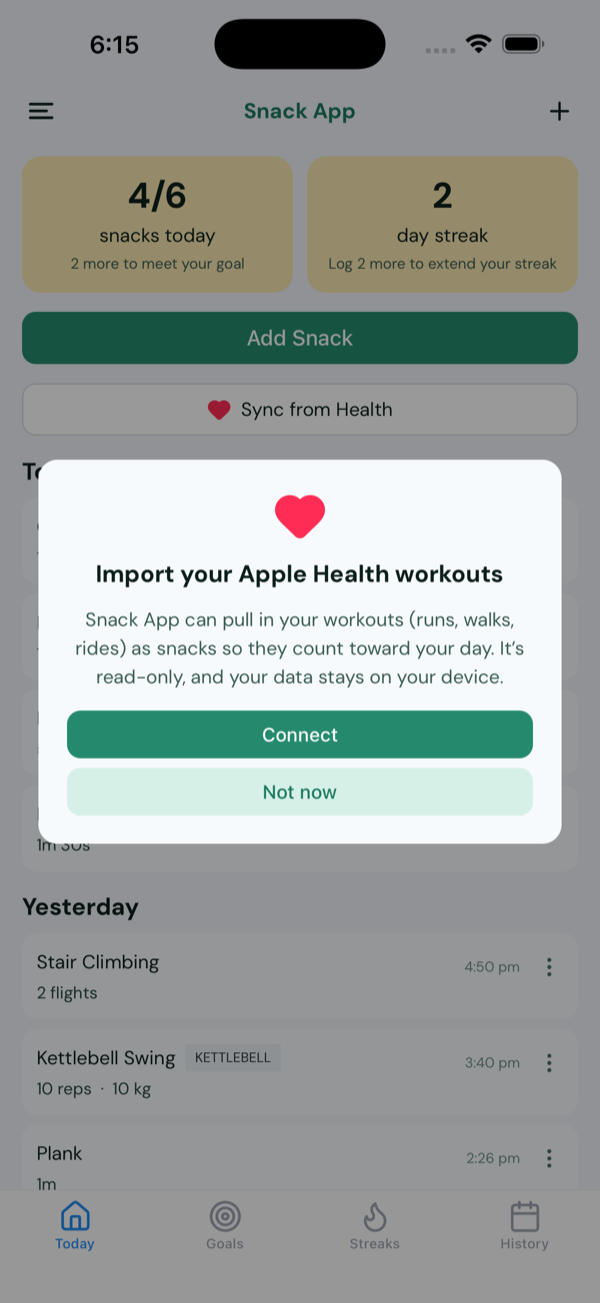 The Home screen Sync from Health button with the Connect intro