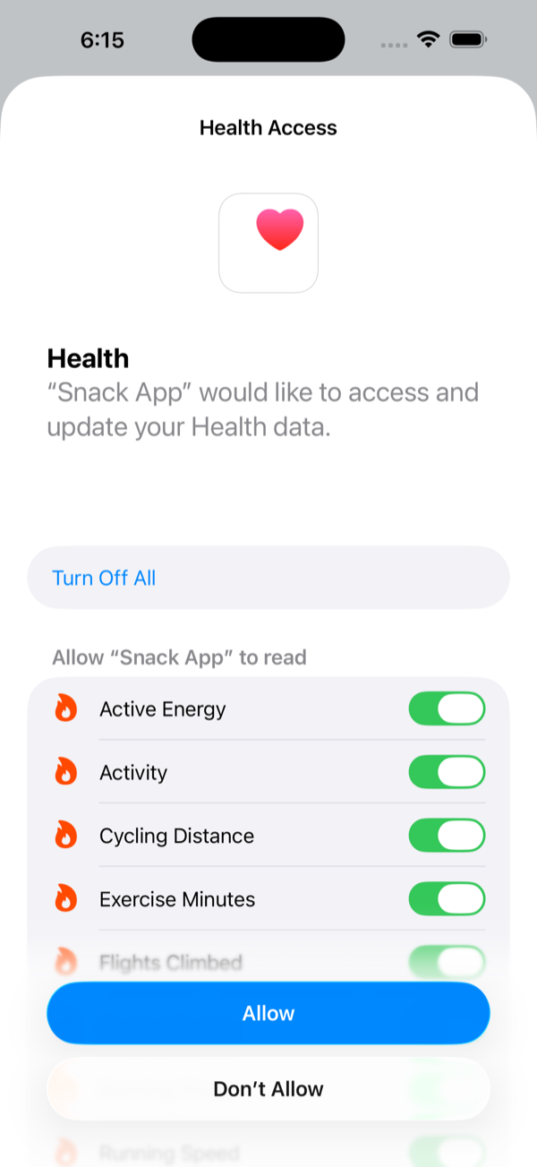 The iOS Health Access sheet with data toggles and Allow