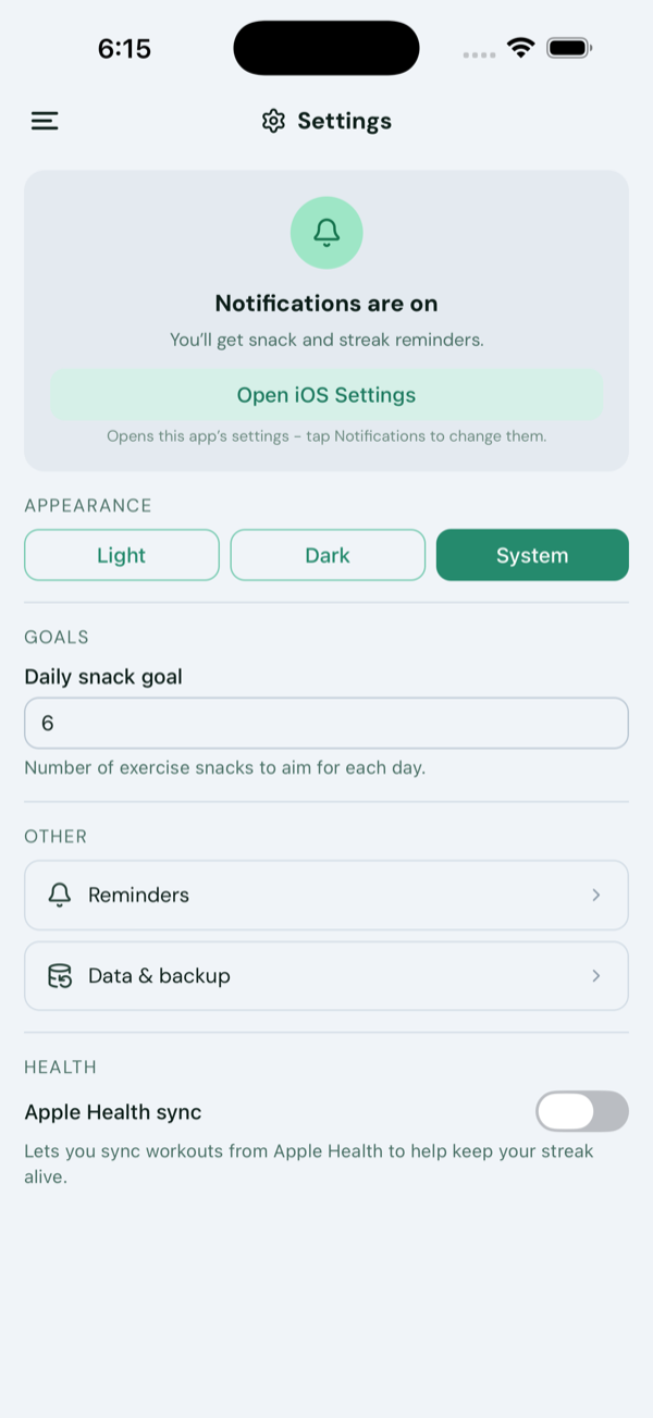 The app's Settings screen with the Apple Health sync toggle