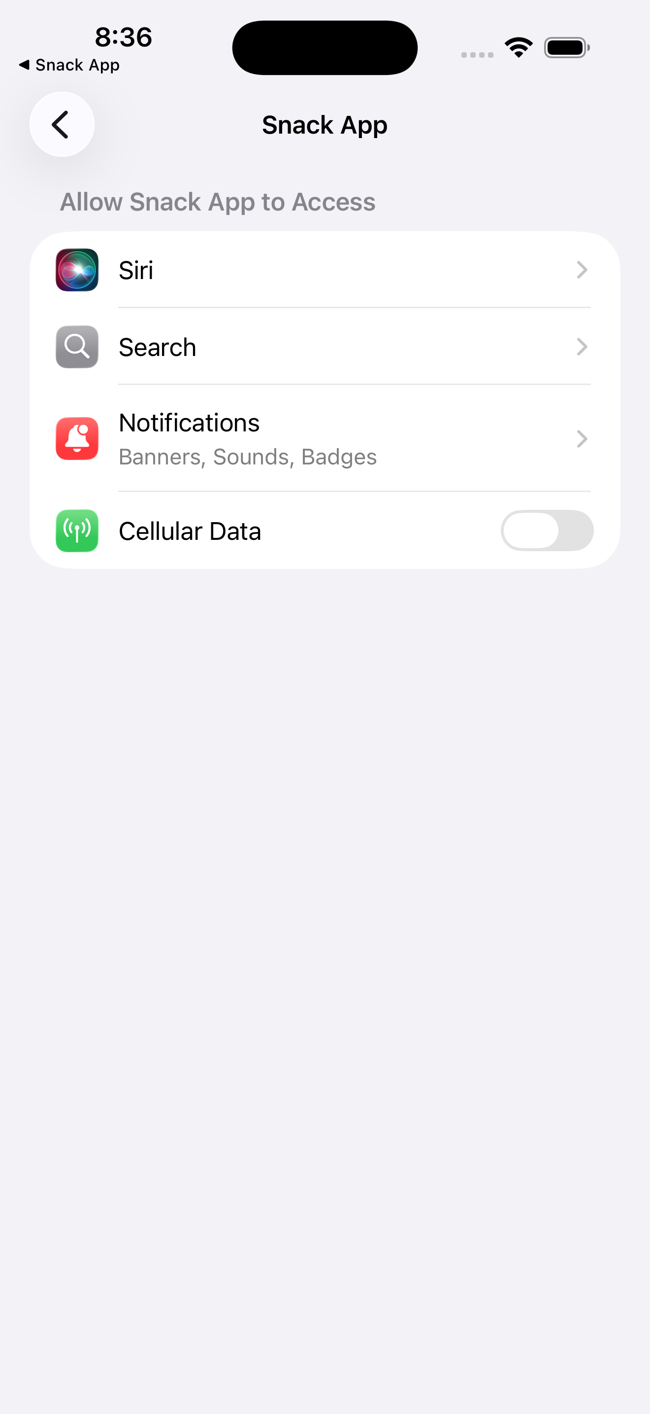 iOS Settings → Snack App, the app's top-level settings screen