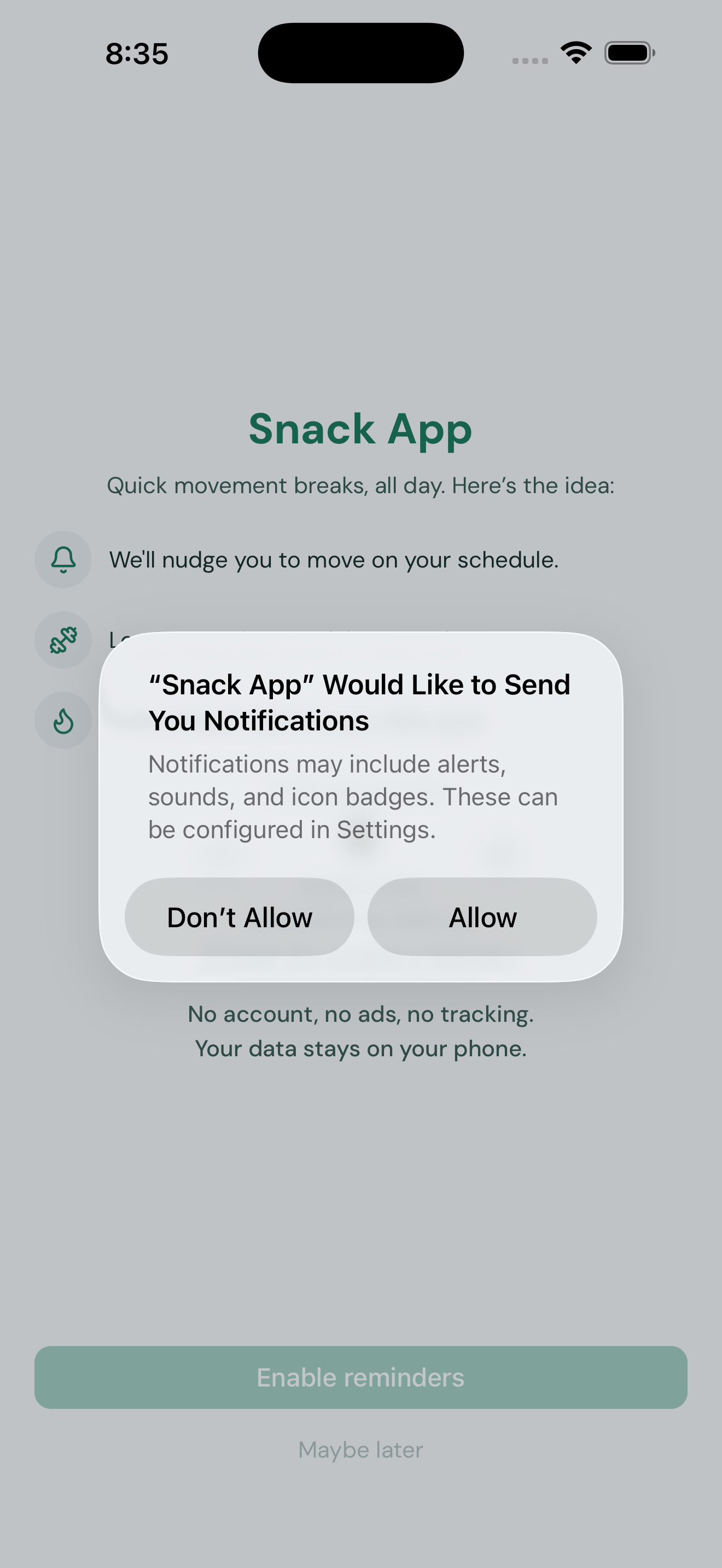iOS notification permission prompt with Allow