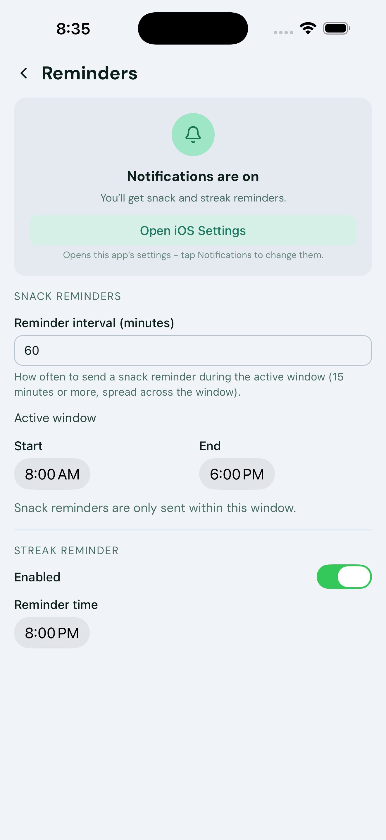 The Reminders settings screen: interval, active window, and streak reminder