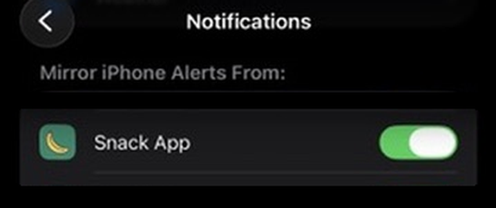 The Watch app's Notifications screen, Mirror iPhone Alerts From section, with Snack App toggled on