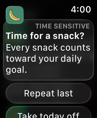 A Snack App reminder mirrored to Apple Watch, marked Time Sensitive, with Repeat last and Take today off action buttons