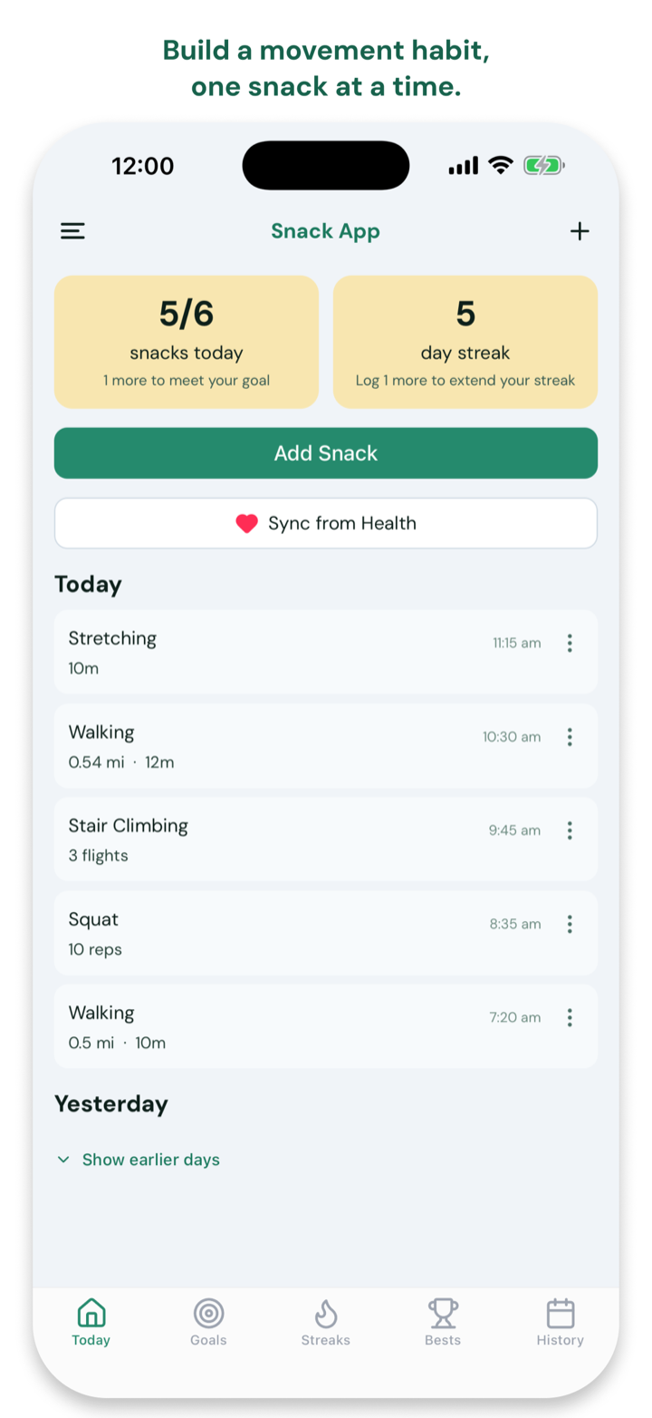 Home screen with the daily snack goal and current streak