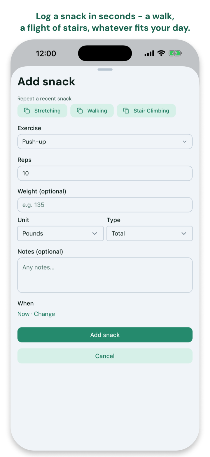 Logging a snack in the Add Snack form