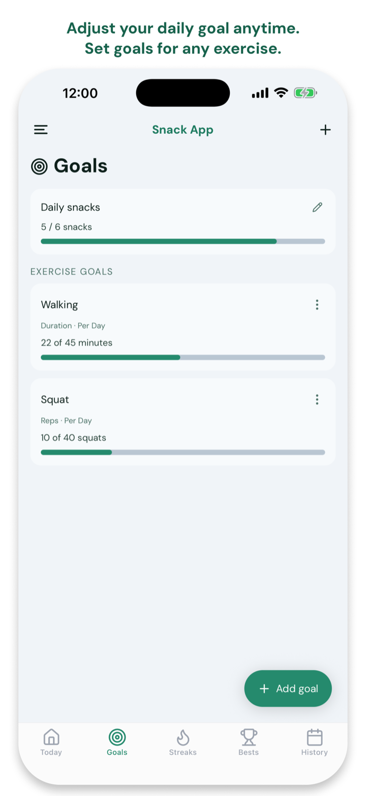 Goals screen with a daily goal and per-exercise goals