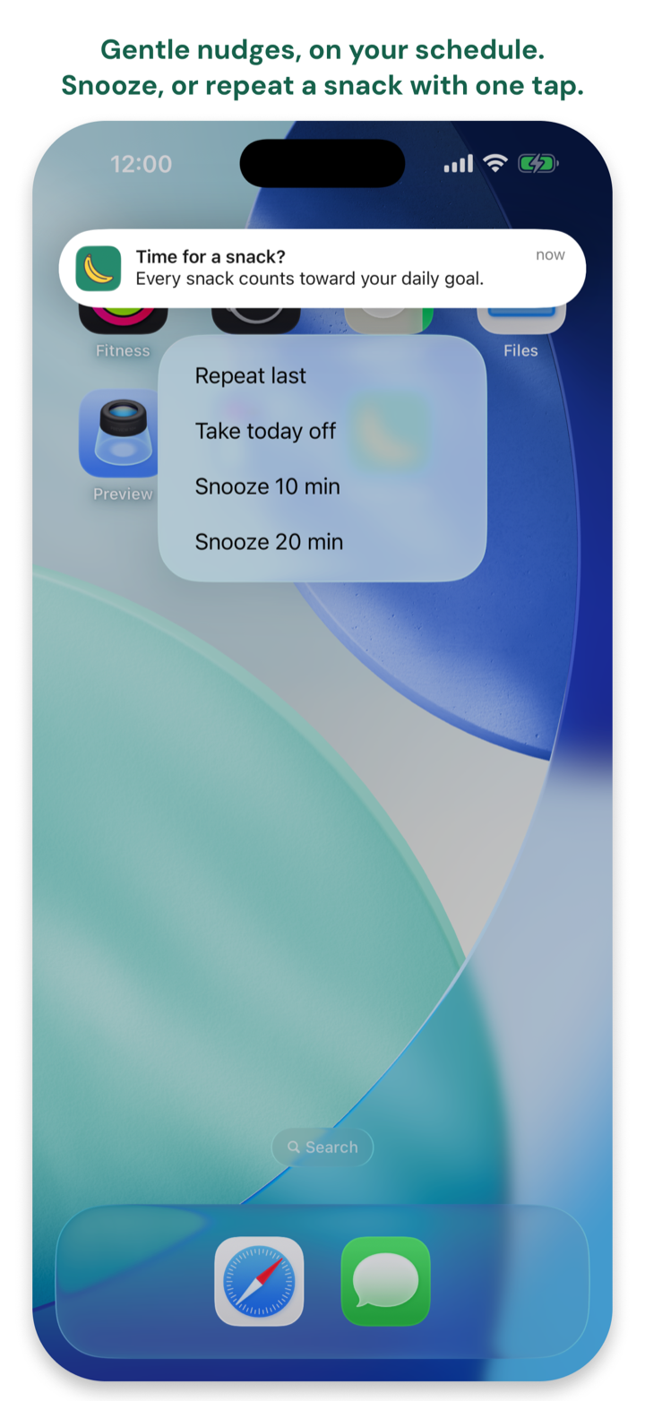 A snack reminder notification with snooze and repeat