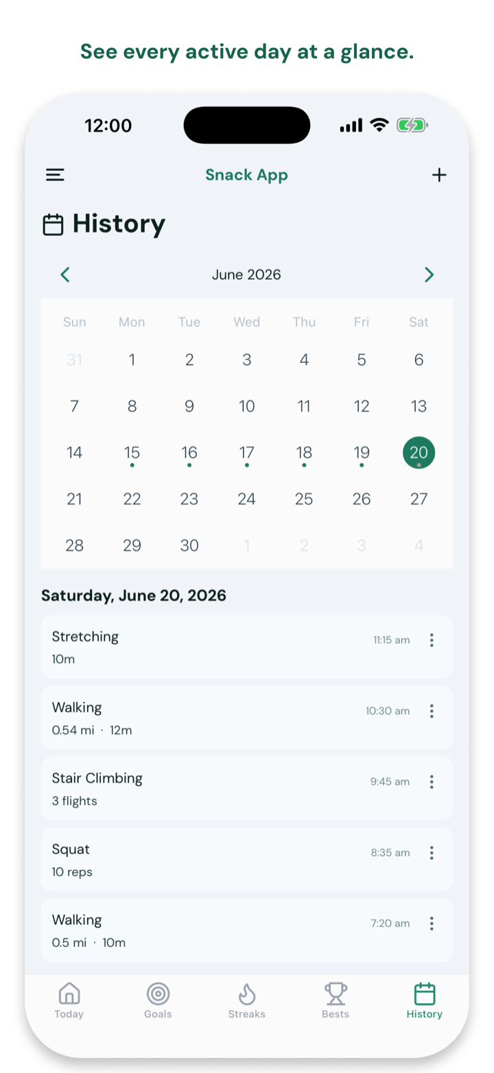 History calendar showing every active day