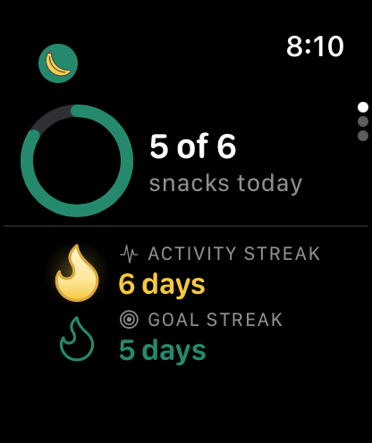 Apple Watch glance page with the daily progress ring and both streaks