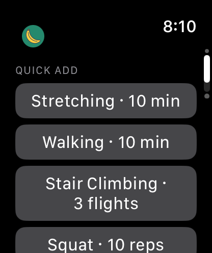 Apple Watch quick-add page listing recent snacks ready to log again