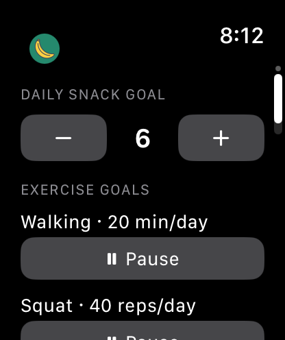 Apple Watch goals page with the daily snack goal stepper and a pausable exercise goal