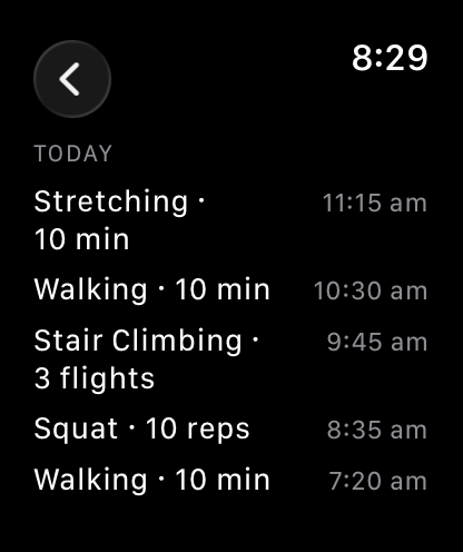 Apple Watch Today page listing the day's logged snacks