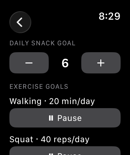 Apple Watch goals page with the daily snack goal stepper and a pausable exercise goal