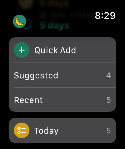 Apple Watch home scrolled to the Quick Add card listing Suggested and Recent snacks