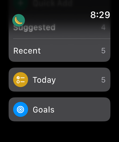 Apple Watch home scrolled to the Today and Goals cards